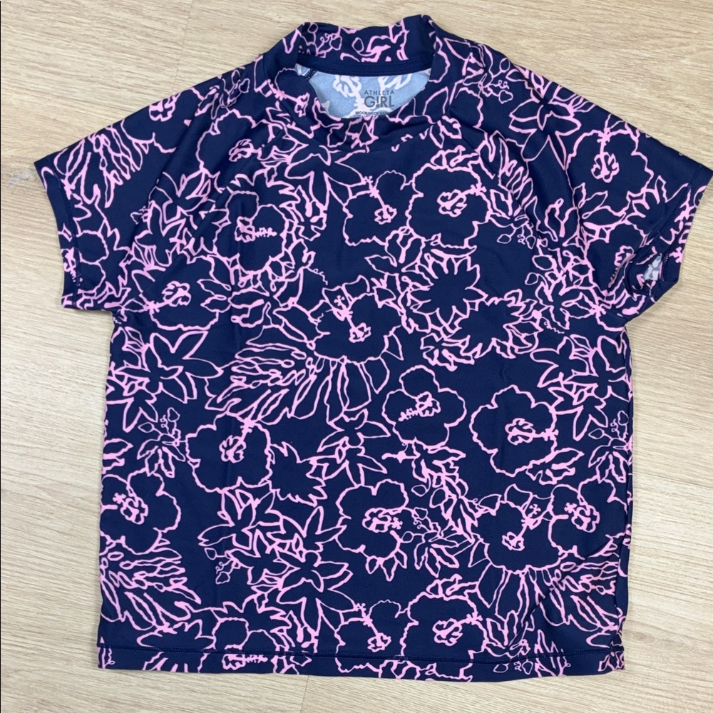 Athleta Girl Mockneck Short Sleeve Navy & Pink Rashguard Girl’s L 12
